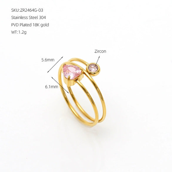 Minimalist Layered Heartshaped Zircon Ring With Multicolor Electroplated Stainless Steel Thin Open Band