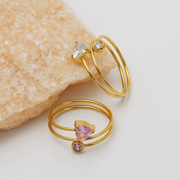 Minimalist Layered Heartshaped Zircon Ring With Multicolor Electroplated Stainless Steel Thin Open Band