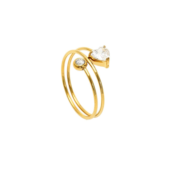 Minimalist Layered Heartshaped Zircon Ring With Multicolor Electroplated Stainless Steel Thin Open Band