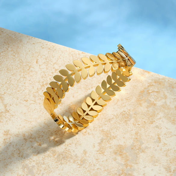 Minimalist Leaf Shaped Stainless Steel Bracelet With Gold Vacuum Plated Finish Elegant Fashion Jewelry For Women