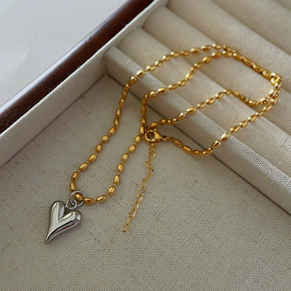 Minimalist Love Rice Bead Necklace For Women Titanium Steel Stainless Steel Heart Shape Electroplating Ball Chain
