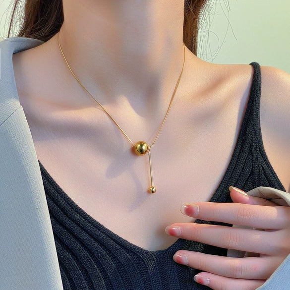 Minimalist Metal Ball Long Woolen Snake Bone Chain Titanium Steel Women's Necklace With Electroplating