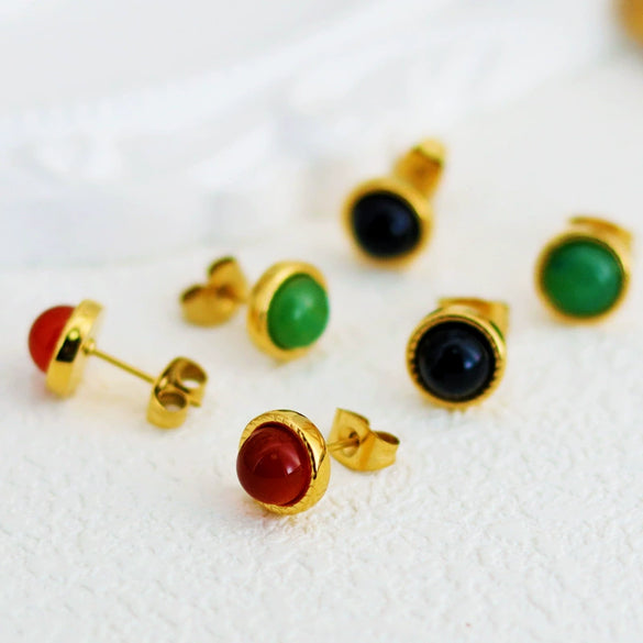 Minimalist Mini Stainless Steel 18K Gold Plated Red Agate Geometric Round Egg Face Inlaid Earrings