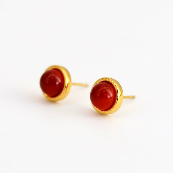 Minimalist Mini Stainless Steel 18K Gold Plated Red Agate Geometric Round Egg Face Inlaid Earrings
