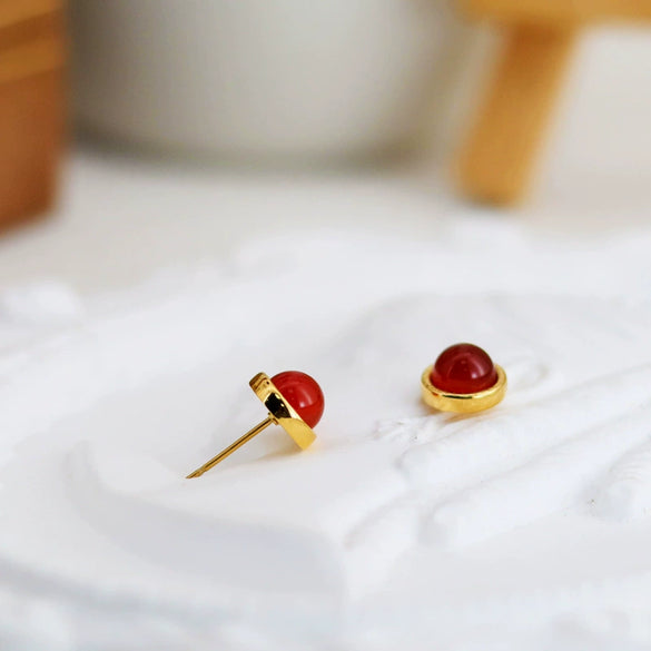 Minimalist Mini Stainless Steel 18K Gold Plated Red Agate Geometric Round Egg Face Inlaid Earrings