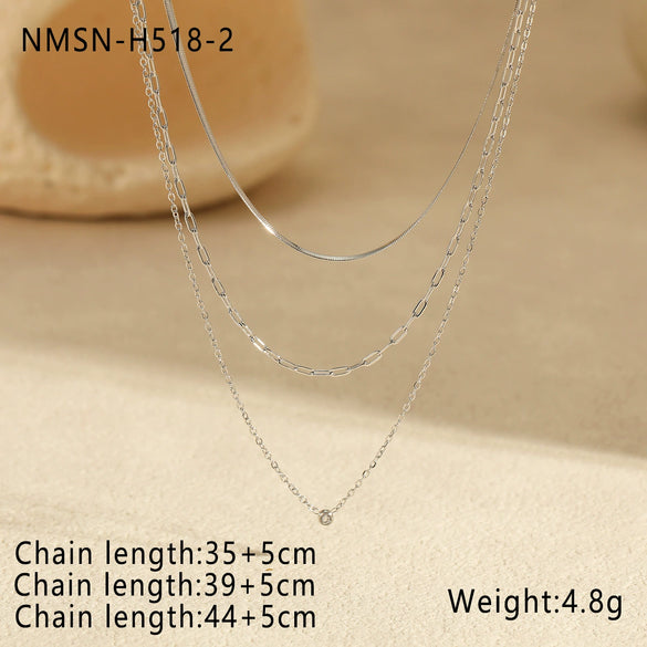Minimalist Multilayer Overlapping Stainless Steel And 18K Necklace With Zircon Geometric Pendant Electroplated Women's Clavicle Chain Neck Jewelry