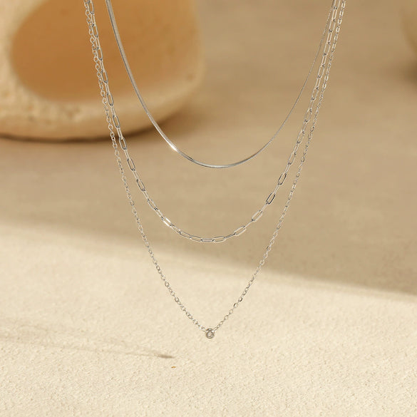 Minimalist Multilayer Overlapping Stainless Steel And 18K Necklace With Zircon Geometric Pendant Electroplated Women's Clavicle Chain Neck Jewelry