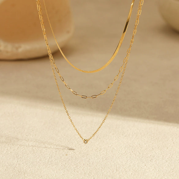 Minimalist Multilayer Overlapping Stainless Steel And 18K Necklace With Zircon Geometric Pendant Electroplated Women's Clavicle Chain Neck Jewelry