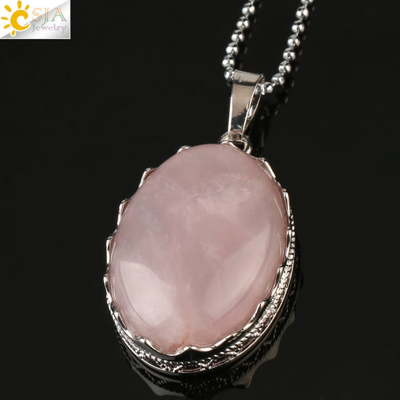 Minimalist Natural Amethyst Crystal Oval Pendant Necklace With Ball Chain Simple Unisex Jewelry