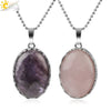 Minimalist Natural Amethyst Crystal Oval Pendant Necklace With Ball Chain Simple Unisex Jewelry