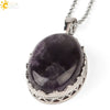 Minimalist Natural Amethyst Crystal Oval Pendant Necklace With Ball Chain Simple Unisex Jewelry