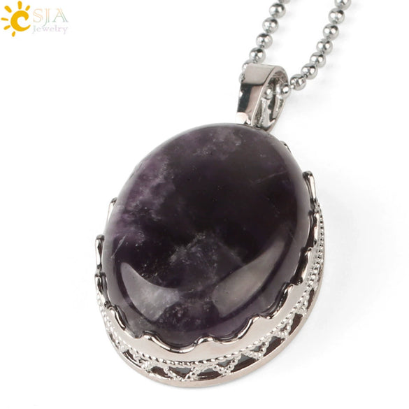 Minimalist Natural Amethyst Crystal Oval Pendant Necklace With Ball Chain Simple Unisex Jewelry