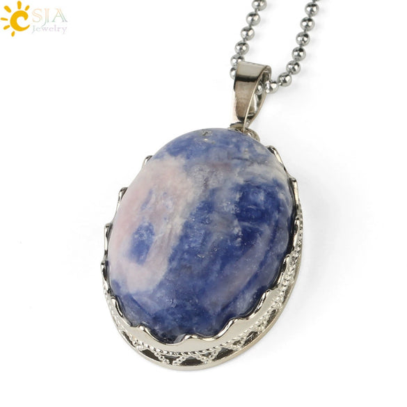 Minimalist Natural Amethyst Crystal Oval Pendant Necklace With Ball Chain Simple Unisex Jewelry