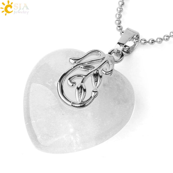 Minimalist Natural Crystal Heart Shaped Pendant Necklace With Bead Chain Simple Curved Leaf Inspired Design For Unisex Jewelry
