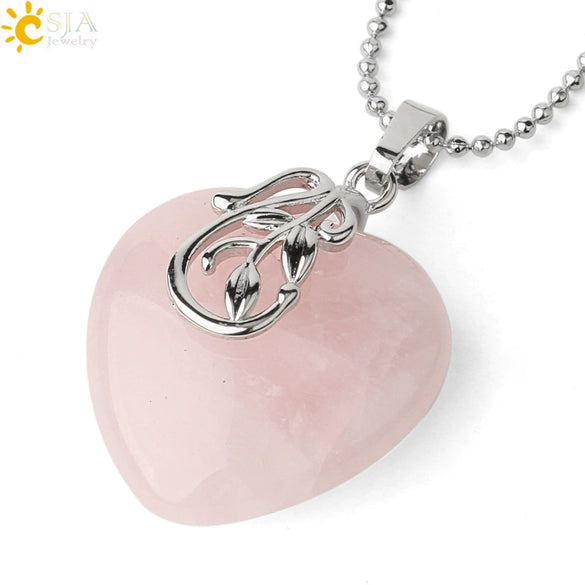 Minimalist Natural Crystal Heart Shaped Pendant Necklace With Bead Chain Simple Curved Leaf Inspired Design For Unisex Jewelry