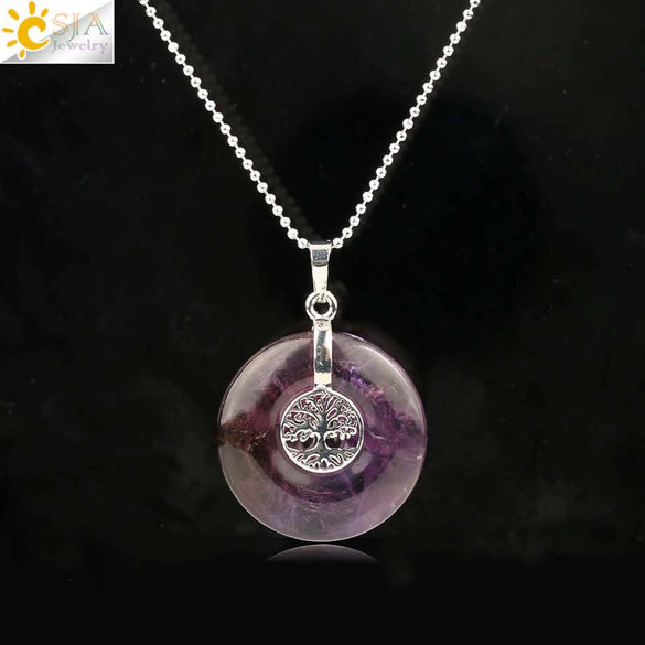 Minimalist Natural Crystal Tree Of Life Peace Buckle Pendant Necklace With Ball Chain Gemstone Jewelry