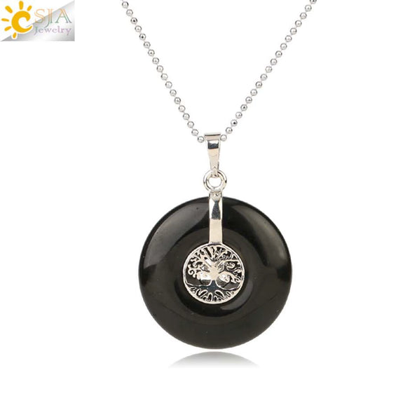 Minimalist Natural Crystal Tree Of Life Peace Buckle Pendant Necklace With Ball Chain Gemstone Jewelry
