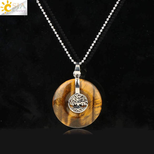 Minimalist Natural Crystal Tree Of Life Peace Buckle Pendant Necklace With Ball Chain Gemstone Jewelry