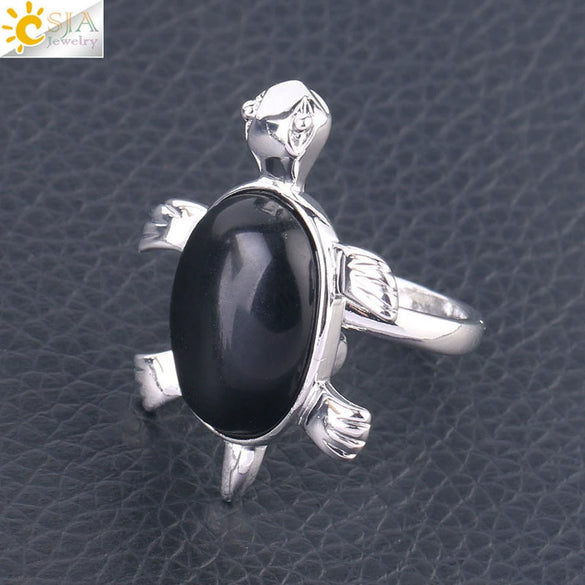 Minimalist Natural Stone And Alloy Turtle Open Ring Adjustable Animal Design Ring For Women