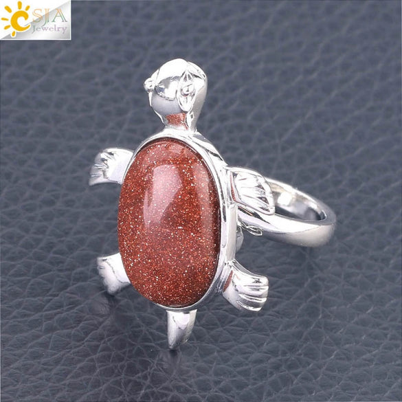 Minimalist Natural Stone And Alloy Turtle Open Ring Adjustable Animal Design Ring For Women