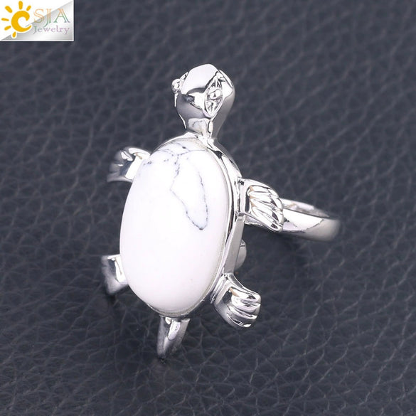 Minimalist Natural Stone And Alloy Turtle Open Ring Adjustable Animal Design Ring For Women