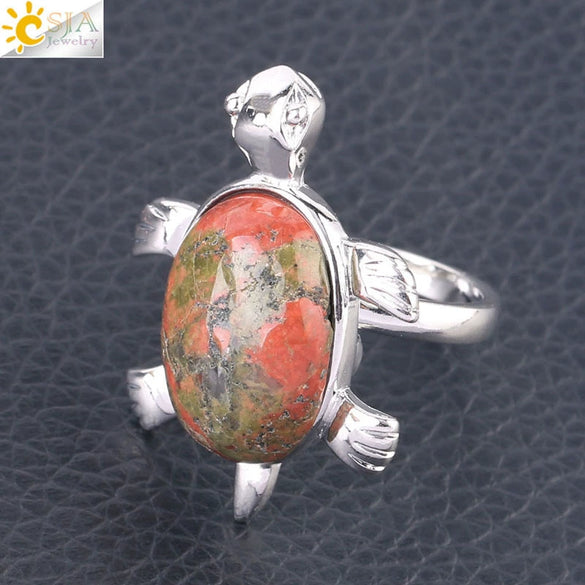 Minimalist Natural Stone And Alloy Turtle Open Ring Adjustable Animal Design Ring For Women