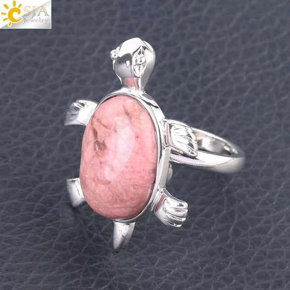 Minimalist Natural Stone And Alloy Turtle Open Ring Adjustable Animal Design Ring For Women