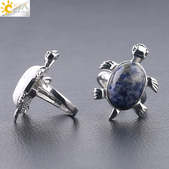 Minimalist Natural Stone And Alloy Turtle Open Ring Adjustable Animal Design Ring For Women