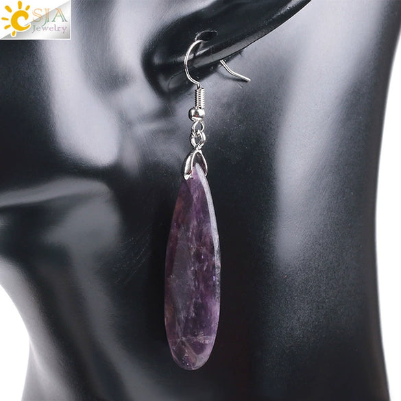 Minimalist Natural Stone And Copper Geometric Teardrop Earrings With Faceted Flat Cut Long Drop Design For Women