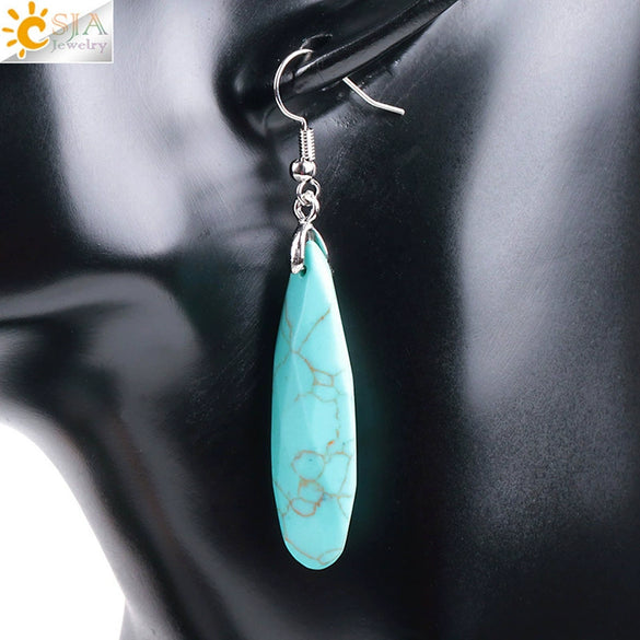 Minimalist Natural Stone And Copper Geometric Teardrop Earrings With Faceted Flat Cut Long Drop Design For Women