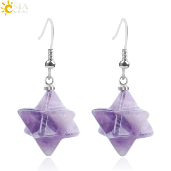Minimalist Natural Stone And Copper Merkaba Six Pointed Star Earrings For Women Crystal Jewelry