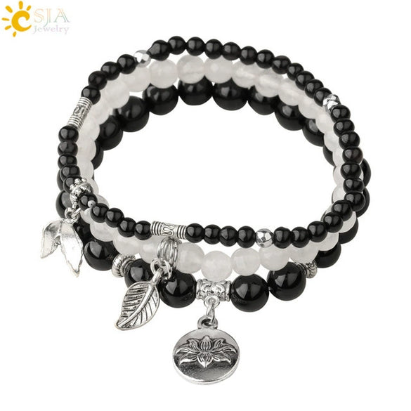 Minimalist Natural Stone Beaded Stretch Bracelet With Crystal Flower Pendant Three Row Unisex Bracelet