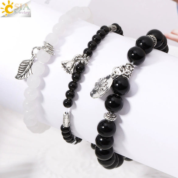 Minimalist Natural Stone Beaded Stretch Bracelet With Crystal Flower Pendant Three Row Unisex Bracelet