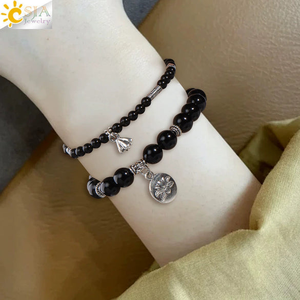 Minimalist Natural Stone Beaded Stretch Bracelet With Crystal Flower Pendant Three Row Unisex Bracelet