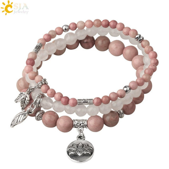 Minimalist Natural Stone Beaded Stretch Bracelet With Crystal Flower Pendant Three Row Unisex Bracelet