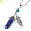 Minimalist Natural Stone Bullet Pendant Necklace With Feather Detail And Ball Chain Crystal Jewelry
