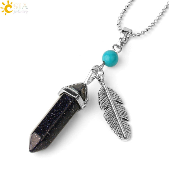 Minimalist Natural Stone Bullet Pendant Necklace With Feather Detail And Ball Chain Crystal Jewelry