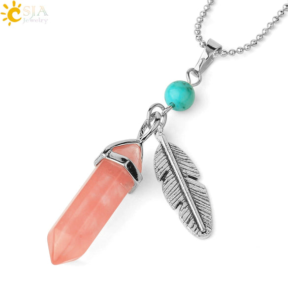 Minimalist Natural Stone Bullet Pendant Necklace With Feather Detail And Ball Chain Crystal Jewelry
