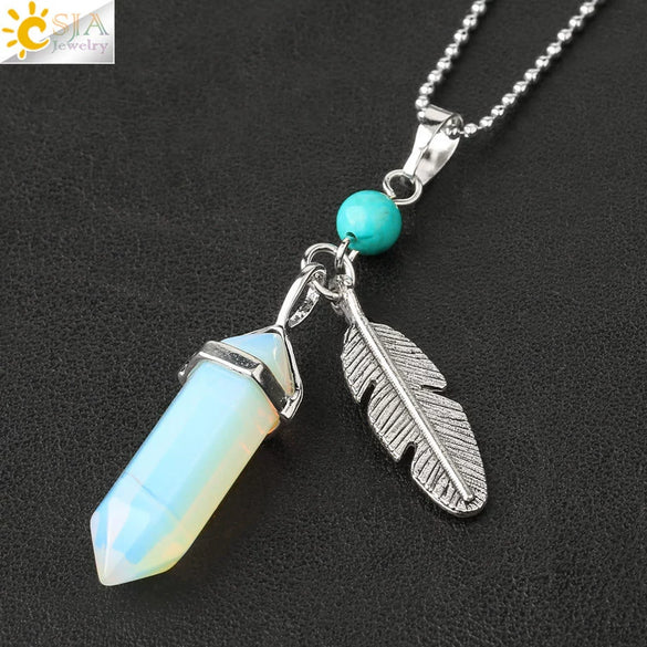 Minimalist Natural Stone Bullet Pendant Necklace With Feather Detail And Ball Chain Crystal Jewelry