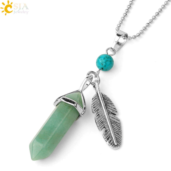 Minimalist Natural Stone Bullet Pendant Necklace With Feather Detail And Ball Chain Crystal Jewelry