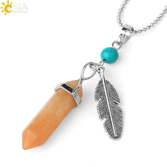 Minimalist Natural Stone Bullet Pendant Necklace With Feather Detail And Ball Chain Crystal Jewelry