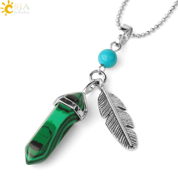 Minimalist Natural Stone Bullet Pendant Necklace With Feather Detail And Ball Chain Crystal Jewelry
