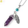 Minimalist Natural Stone Bullet Pendant Necklace With Feather Detail And Ball Chain Crystal Jewelry