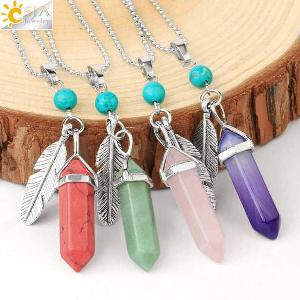 Minimalist Natural Stone Bullet Pendant Necklace With Feather Detail And Ball Chain Crystal Jewelry