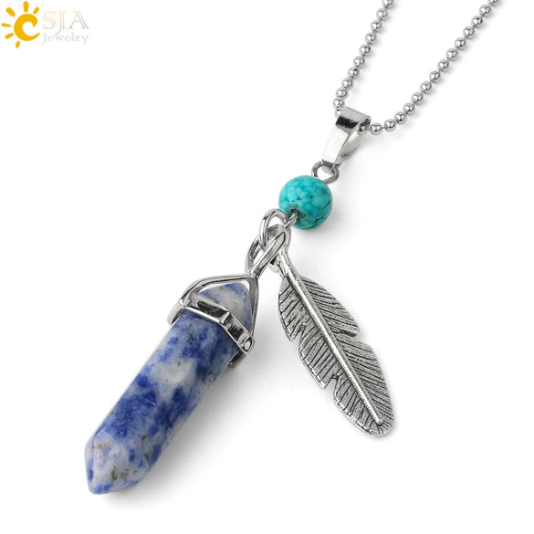 Minimalist Natural Stone Bullet Pendant Necklace With Feather Detail And Ball Chain Crystal Jewelry