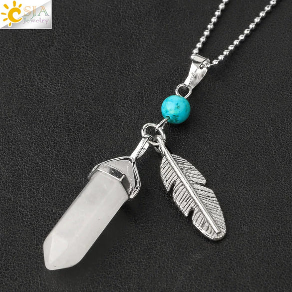 Minimalist Natural Stone Bullet Pendant Necklace With Feather Detail And Ball Chain Crystal Jewelry