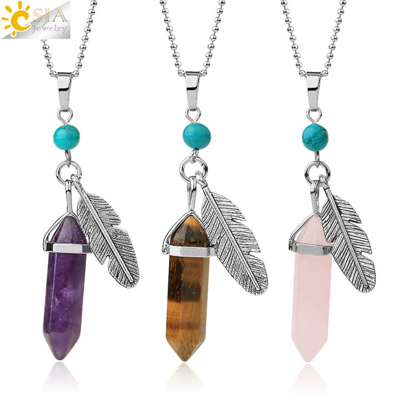 Minimalist Natural Stone Bullet Pendant Necklace With Feather Detail And Ball Chain Crystal Jewelry