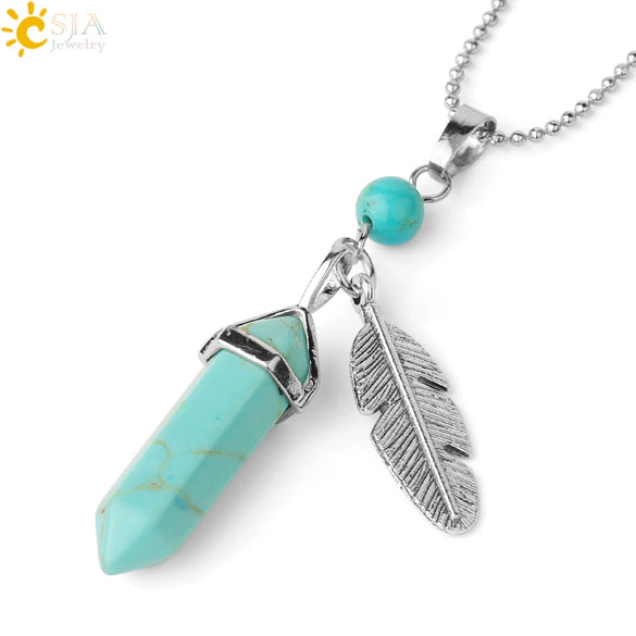 Minimalist Natural Stone Bullet Pendant Necklace With Feather Detail And Ball Chain Crystal Jewelry