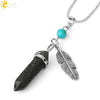 Minimalist Natural Stone Bullet Pendant Necklace With Feather Detail And Ball Chain Crystal Jewelry
