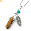 Minimalist Natural Stone Bullet Pendant Necklace With Feather Detail And Ball Chain Crystal Jewelry